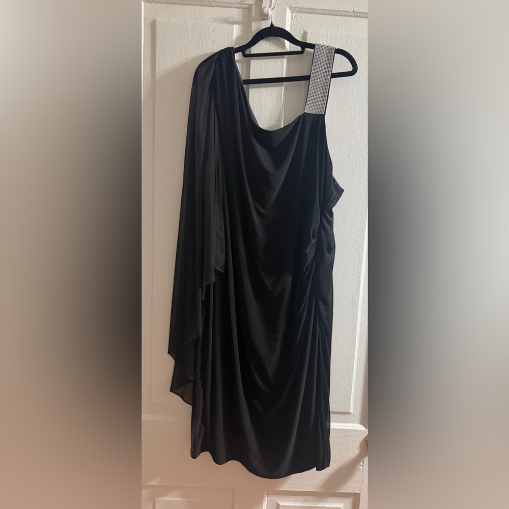 R&M Richards Black Draped Evening Dress with Embellished Strap